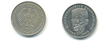 ФРГ 2 марки 1985 F, Курт Шумахер KM 149, J. 424 медно-никель плакированный никелем 83-1914