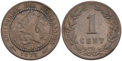 Нидерланды 1 цент 1878 Виллем III (1849-1890) KM 107 бронза 4576-535