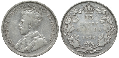 Канада 25 центов 1928 Георг V (1910-1936) KM 24а серебро    4573-212