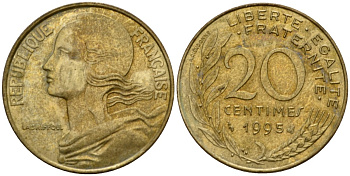 Франция 20 сантимов 1995 тип Marianne KM 930, Le Franc 156.39 медь алюминий никель  4393-1145