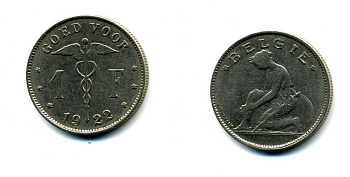 БЕЛЬГИЯ 1 ФРАНК 1922 BELGIE KM 90 никель 58-1232