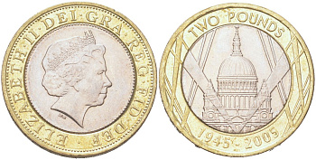 Великобритания 2 фунта 2005 60 лет окончанию Второй мировой войны, Елизавета II (1952-2022) KM 1056 биметалл aUNC 4128-832