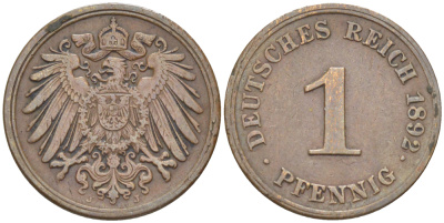 ГЕРМАНИЯ 1 ПФЕННИГ 1892 J KM 10, J. 10, Weege 2 медь 4181-511