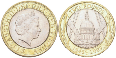 Великобритания 2 фунта 2005 60 лет окончанию Второй мировой войны, Елизавета II (1952-2022) KM 1056 биметалл aUNC 4128-832
