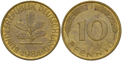 ФРГ 10 пфеннигов 1984 J J. 383, KM 108 сталь плакированная латунью    4603-534
