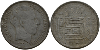 Бельгия 5 франков 1941 DES BELGEN, Леопольд III (1934-1947) KM 129 цинк 4161-913