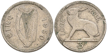 Ирландия 3 пенса 1942 заяц KM 12a медно-никель 4174-312