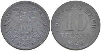 ГЕРМАНИЯ 10 ПФЕННИГОВ 1920 KM 26, J. 299 цинк 175-234