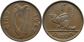 ИРЛАНДИЯ 1 ПЕННИ 1942 КУРИЦА С ЦЫПЛЯТАМИ KM 11 бронза 4531-633