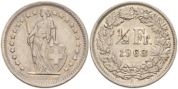 Швейцария 1/2 франка 1968 В KM 23а.1 медно-никель 188-1044