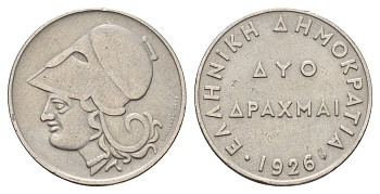 Греция 2 драхмы 1926 Афина в коринфском шлеме, год-тип KM 70 медно-никель 4670-125