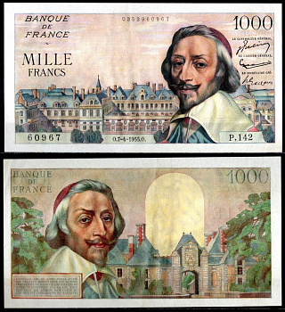 Франция 1000 франков 1955 Арман Жан дю Плесси Ришелье (кардинал Ришелье), кардинал Пале. Арман Жан дю Плесси Ришелье Pick 134 a бумага 451-1038-3