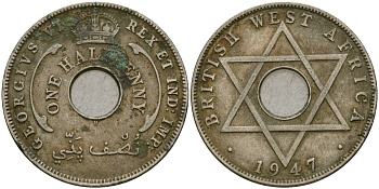 Британская Западная Африка 1/2 пенни 1947 H, Георг VI KM 18 медно-никель 25-1047