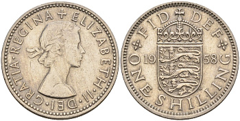 Великобритания 1 шиллинг 1958 Елизавета II (1952-2022), Английский герб KM 904, Spink 4147 медно-никель 4153-915