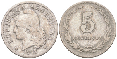 Аргентина 5 сентаво 1912 KM 34 медно-никель 4621-1036