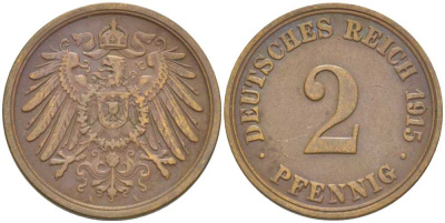 ГЕРМАНИЯ 2 ПФЕННИГА 1915 A KM 16, J. 11, Weege 4 медь 206-653