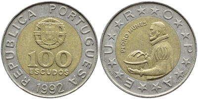 Португалия 100 эскудо 1992 Педру Нуниш (1502-1578), математик KM 645.1 биметалл 4395-953
