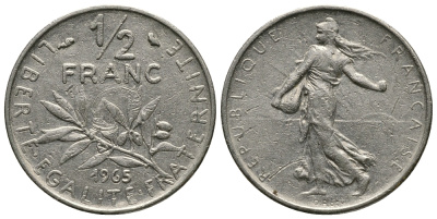 Франция 1/2 франка 1965 сеятель KM 931, Le Franc 198.3 никель 54-1029