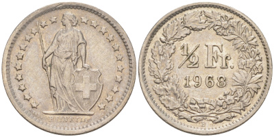 Швейцария 1/2 франка 1968 В KM 23а.1 медно-никель 188-1044