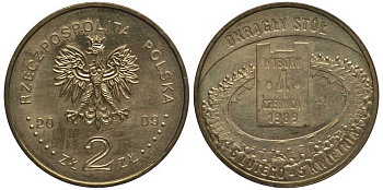 Польша 2 злотых 2009 MW, Польский путь к свободе, всеобщие выборы 4 июня 1989 года KM 680 латунь 114-434