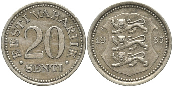 Эстония 20 центов 1935 Республика (1928-1940) KM 17 никель бронза 100-834