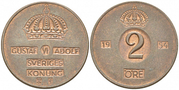 Швеция 2 эре 1954 TS, Густав VI Адольф (1950-1973) КМ 821 бронза 77-457