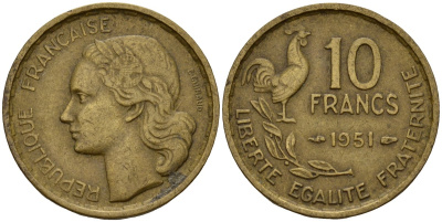Франция 10 франков 1951 петух KM 915.1, Le Franc 363.4 алюминиевая бронза 4156-716