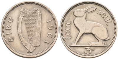 Ирландия 3 пенса 1963 заяц KM 12а медно-никель 92-234