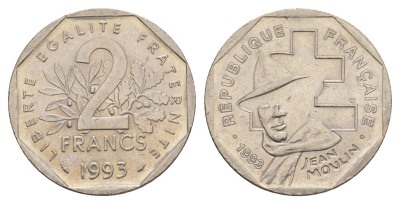 Франция 2 франка 1993 50 лет Национальному движению сопротивления KM 1062 никель  aUNC  4660-236