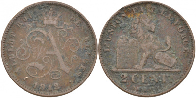 БЕЛЬГИЯ 2 САНТИМА 1912 BELGES KM 64 медь 68-216