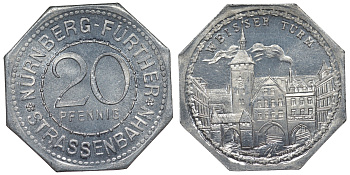 Германия, Нюрнберг - Фюрт 20 пфеннигов ND трамвайный жетон, Белая Башня алюминий UNC 4119-555