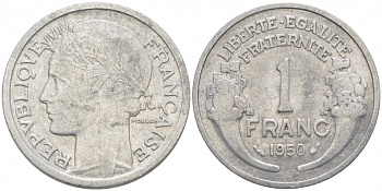 ФРАНЦИЯ 1 ФРАНК 1950 KM 885a 1 алюминий 4402-1111