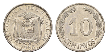 Эквадор 10 сентаво 1968 KM 76c сталь плакированная никелем 4643-1218