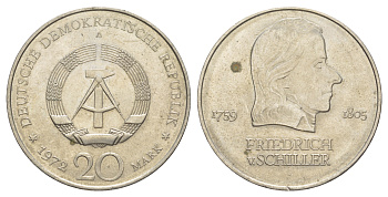 ГДР 20 марок 1972 A, Фридрих Шиллер (1759-1805) KM 40 медно-никель 4634-112