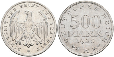 Германия 500 марок 1923 А KM 36, J.305 алюминий UNC 4574-846