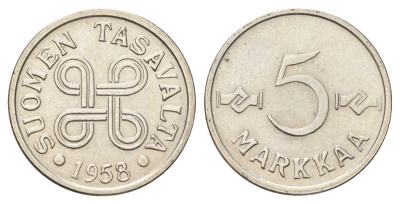 Финляндия 5 марок 1958 KM 37a железо плакированное никелем 4668-867