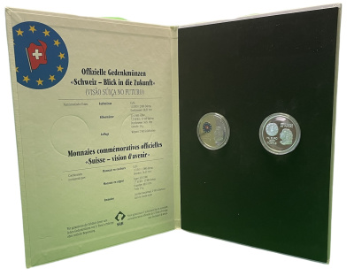Сан-Томе и Принсипи набор из 2 монет 2000 добра и 15000 добра 1997 ограниченный выпуск, в оригинальном буклете, с сертификатом, флаг Швейцарии KM 95, 101 серебро  PROOF  4-3-1-03
