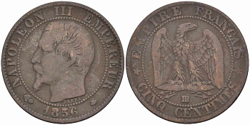 Франция 5 сантимов 1856 BB, Наполеон III (1852-1870) KM 777.3, LE FRANC 116.32 бронза 108-412