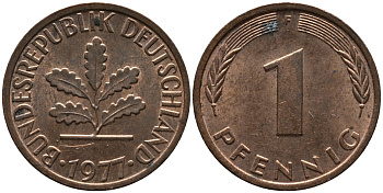 ФРГ 1 пфенниг 1977 F KM 105, J.380 сталь плакированная медью 99-338