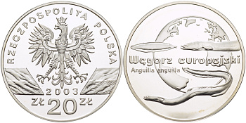 Польша 20 злотых 2003 MW, серия сохраним наш мир, европейский угорь KM 449 серебро PROOF 1080-5-61