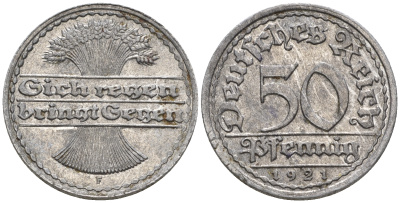 Германия 50 пфеннигов 1921 F KM 27, J. 301 алюминий 60-1127