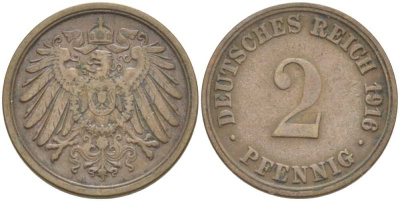 Германия 2 пфеннига 1916 A KM 16, J. 11, Weege 4 медь 212-425