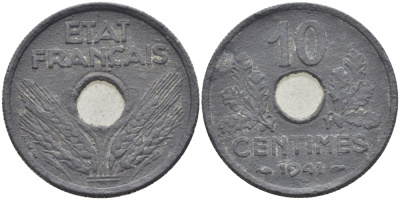 ФРАНЦИЯ 10 САНТИМОВ 1941 ПРАВИТЕЛЬСТВО ВИШИ KM 898.1 цинк 4448-227
