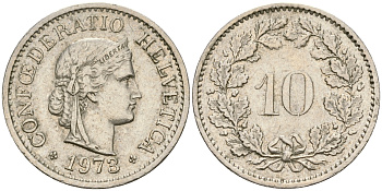 Швейцария 10 раппенов 1973 KM 27 медно-никель 4364-1337