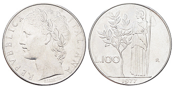 Италия 100 лир 1977 R, Афина у оливкого дерева KM 96.1 нержавеющая сталь UNC 3336-815