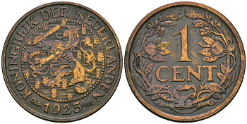 Нидерланды 1 цент 1925 Вильгельмина (1890-1948) KM 152 бронза 4576-1057