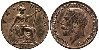 Великобритания 1 фартинг 1917 Георг V (1910-1936), темная отделка KM 808.1, Spink 4059 бронза 1518-544
