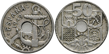 Испания 50 сентимо 1949 (56) Франко (1939-1975), морская атрибутика KM 777 медно-никель 4171-427