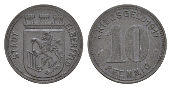 Эльберфельд 10 пфеннигов 1917 Funck 111.2, Men05 6413.2, Men18 8040.2 цинк UNC 4532-1232