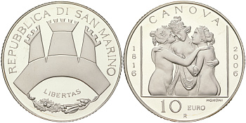 Сан-Марино 10 евро 2006 Антонио Канова, Три Грации, в оригинальной коробке с сертификатом KM 477 серебро PROOF 4-3-5-12